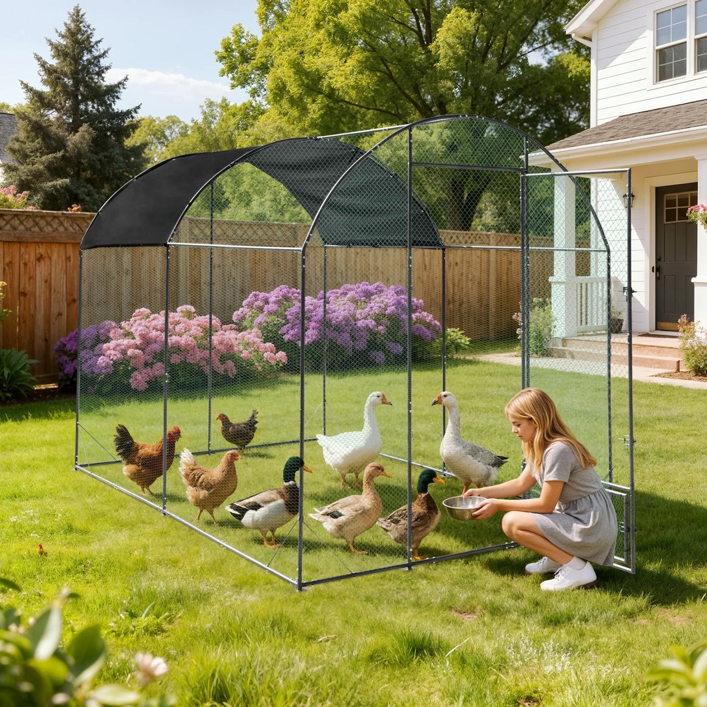 BINGOPAW Metal Walk In Poultry Coop With Nylon Netting Outdoors