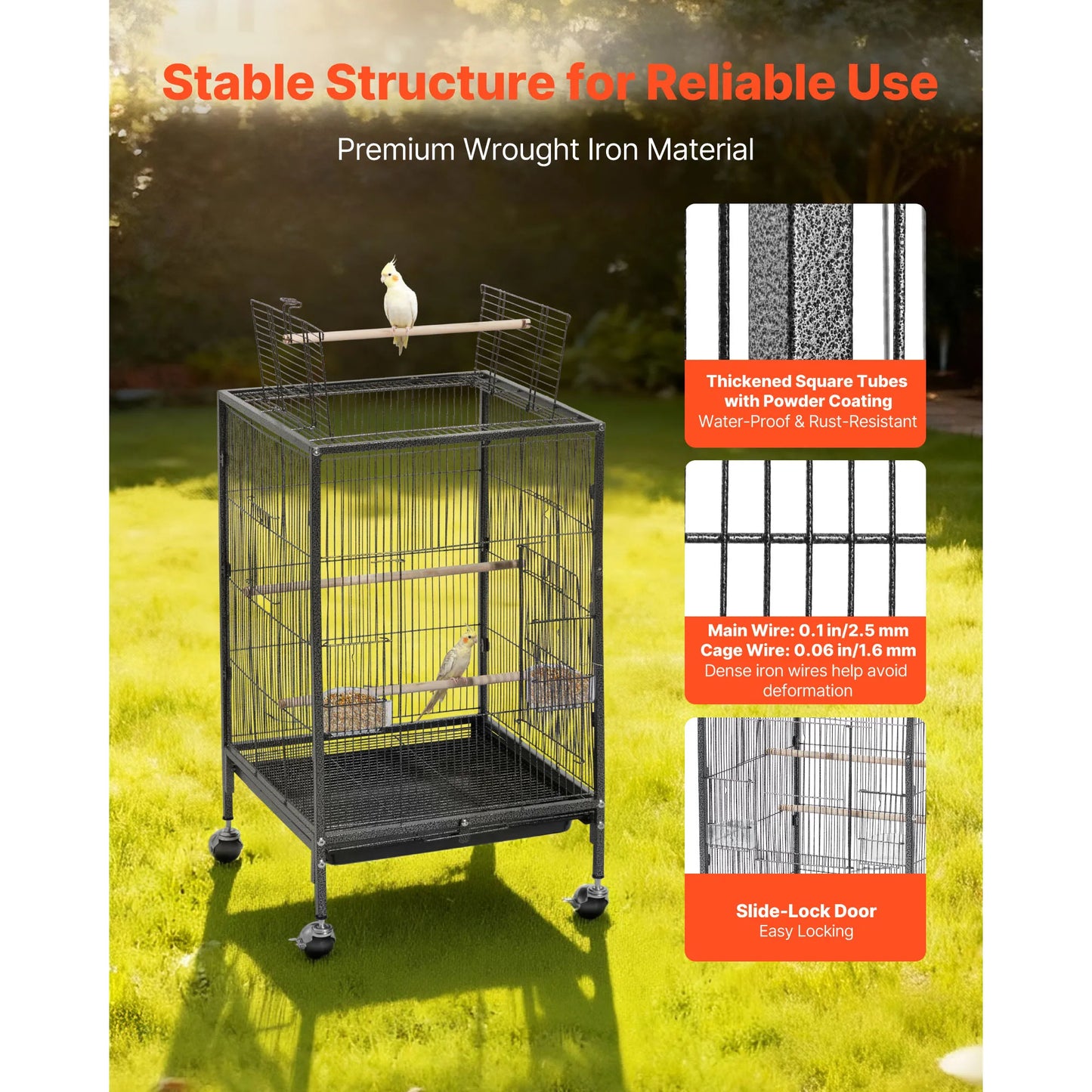 SucceBuy Wrought Iron Flight Cage Top With Perches And Casters