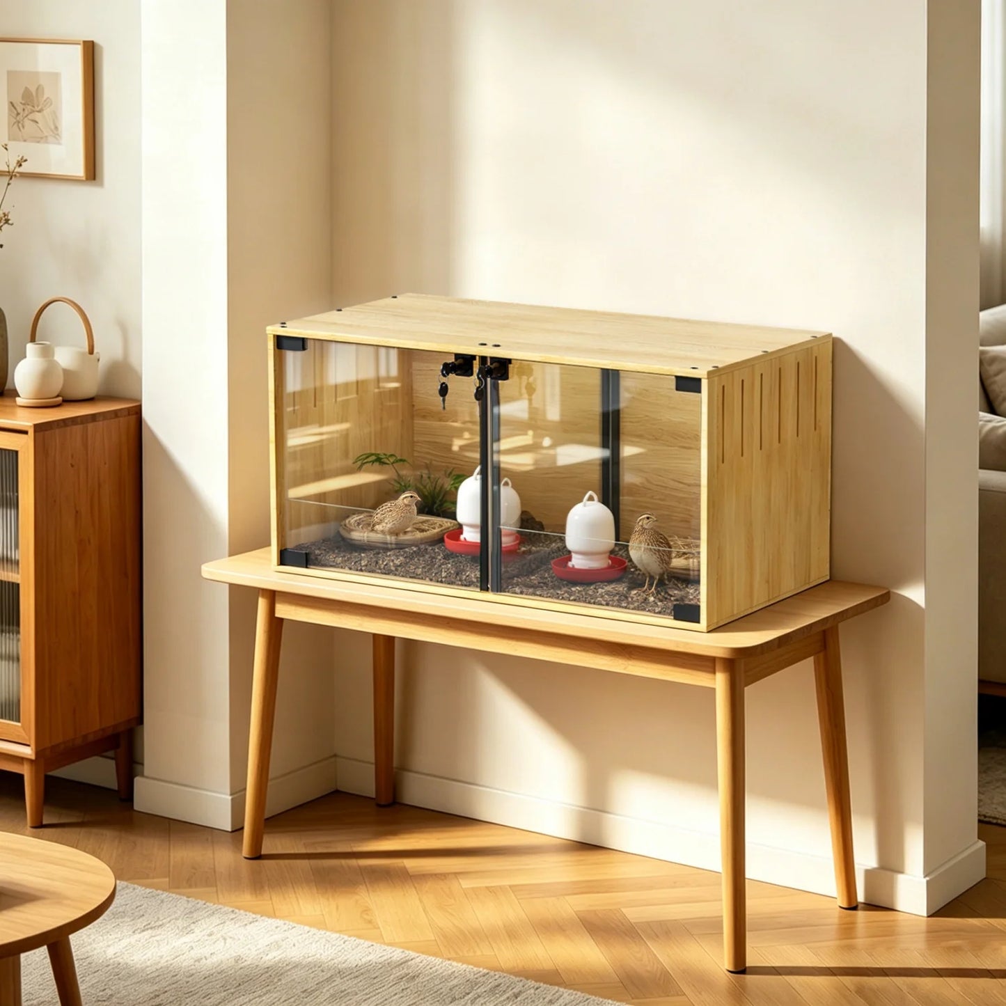 Wooden Small Animal Cage With Tempered Glass Panels For Hamsters