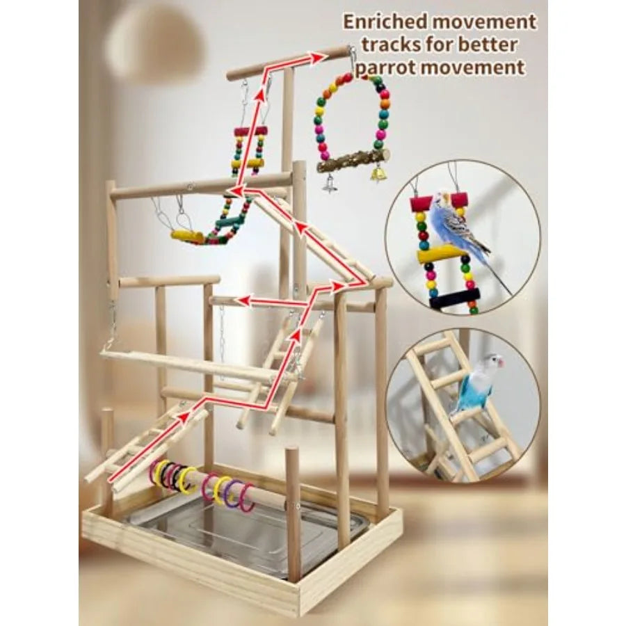 Natural Wood Bird Playstand With Wheel Parrot Playground Perch
