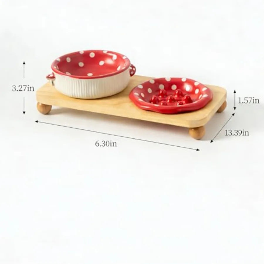 Ceramic Elevated Pet Food Bowl Set With Wooden Stand