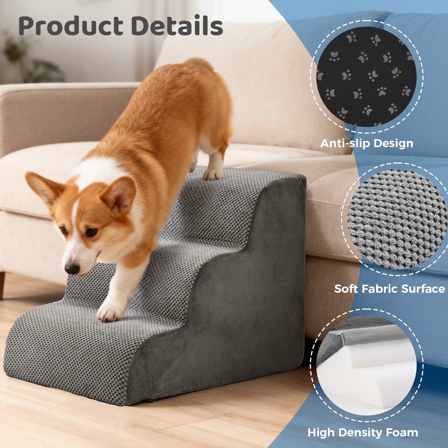 High-Density Foam Dog Stairs Indoor Non-Slip 3-5 Steps