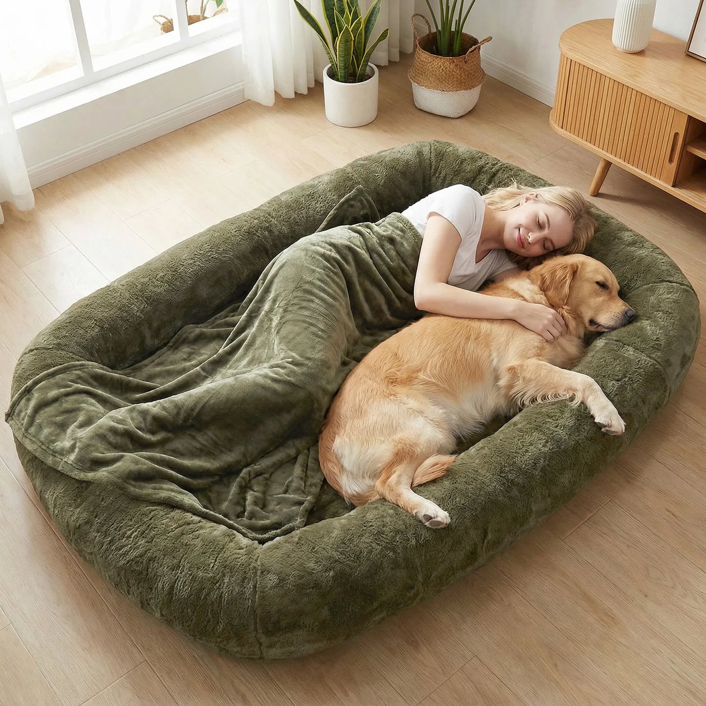 Human Dog Bed With Washable Plush Fur Cover And Blanket
