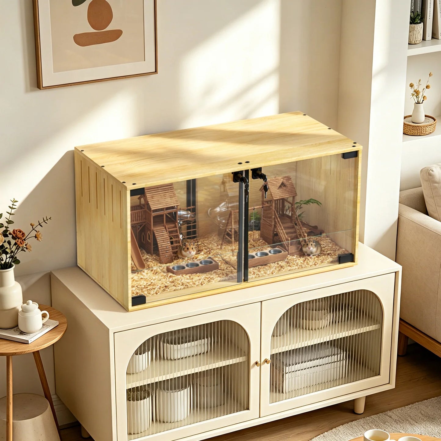 Wooden Small Animal Cage With Tempered Glass Panels For Hamsters