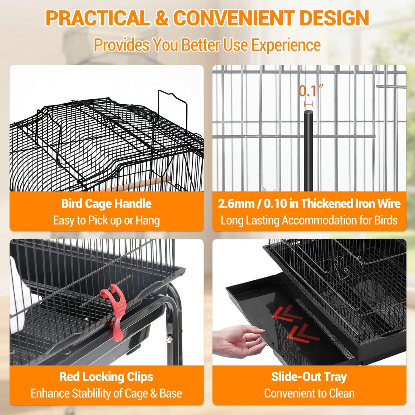 HiMISS Bird Cage With Open Rooftop Play Stand And Tray