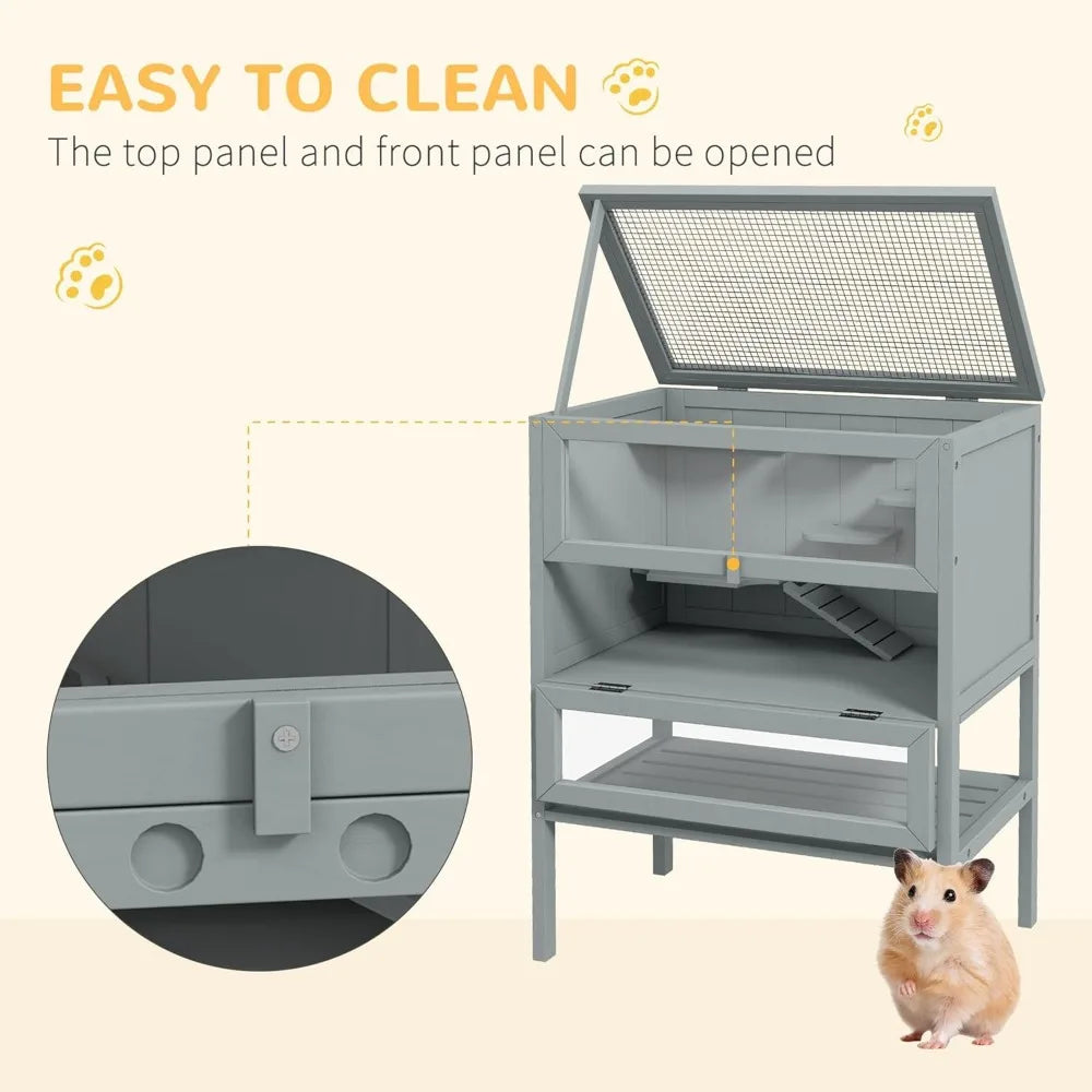 Three Tier Wooden Hamster Cage With Platforms Small Animal Habitat