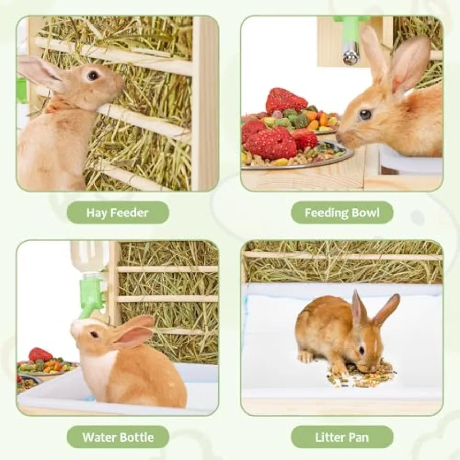 4 in 1 Wooden Rabbit Feeder With Litter Box Bottle