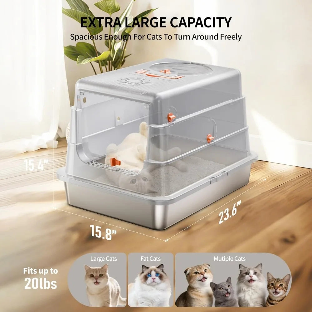 XIUWO Enclosed Stainless Steel Cat Litter Box With High Sides Flip Cover Scoop