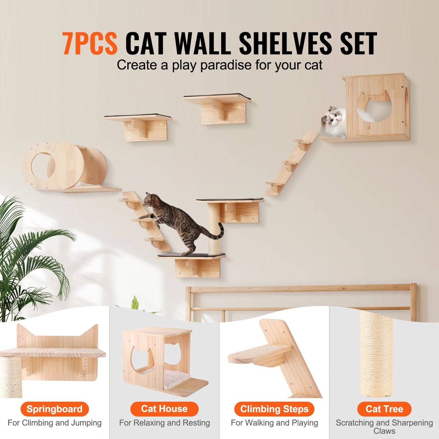 SucceBuy Wall Mounted Cat Shelves Perches Cat Tree With Hammocks